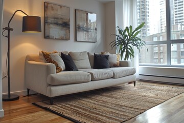 Living Room with Floor Lamp and Minimalist Sofa Floor lamp, minimalist sofa, and clean lines. Open, uncluttered space.