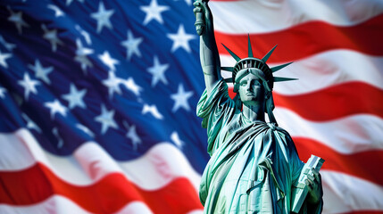 Naklejka premium copy space, stockphoto, Statue of Liberty, american flag in the background, 4th july independence day. American symbol of freedom. 4th of july mockup.