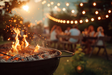 Barbecue grill with burning flames in the backyard at a garden party, people in the background at sunset during the evening, a family and friends having fun together during their summer vacation.