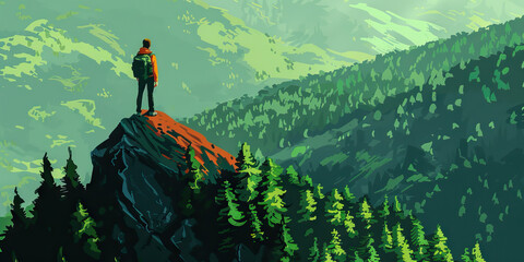 Forest Green Illustration: A hiker stands atop a mountaintop, taking in the breathtaking view of the forest stretching out below them.