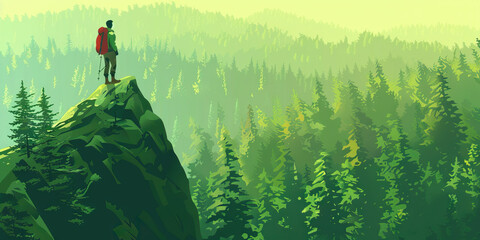 Forest Green Illustration: A hiker stands atop a mountaintop, taking in the breathtaking view of the forest stretching out below them.