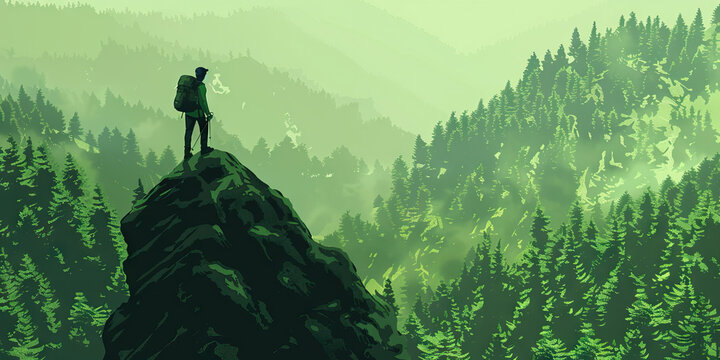 Forest Green Illustration: A hiker stands atop a mountaintop, taking in the breathtaking view of the forest stretching out below them.