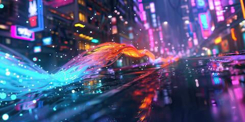 Fototapeta premium A techno-organic hybrid, fused with technology and nature, glides through the neon-lit streets of the city, leaving a trail of bioluminescent light in its wake