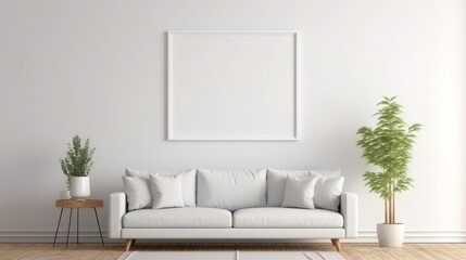 Modern interior with white sofa and white frame on white wall mockup, 3d rendering. Minimalist home design in living room with blank white picture