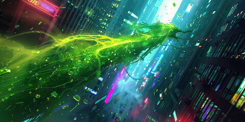 Naklejka premium A techno-organic hybrid, fused with technology and nature, glides through the neon-lit streets of the city, leaving a trail of bioluminescent light in its wake