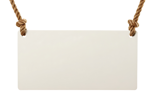 A blank white rectangular sign with a distressed frame, hanging from two ropes. Ideal for announcements, menus, quotes, or rustic decor.