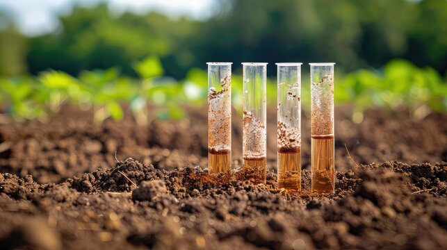 Test tubes with soil samples in nature. Selective focus.