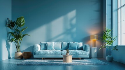 Serene Blue Living Room with Modern Sofa and Decorative Plants