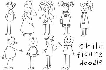 Funny children drawings - set of stick figures in different poses. Material for slide shows, presentations and all sorts of prints. Simple hand drawn doodles in black and white.