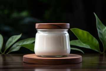 Minimalist glass jar with wooden lid on a coaster, surrounded green leaves. organic beauty