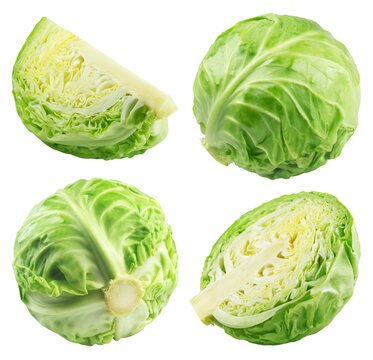 Set of whole cabbage and halves isolated on a transparent background.