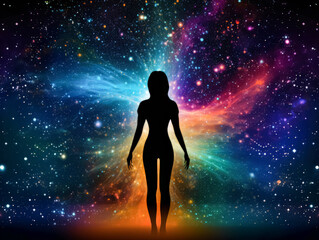 Naklejka premium A woman is standing in a colorful galaxy. The galaxy is full of stars and has a vibrant, otherworldly feel to it. The woman is looking up at the stars