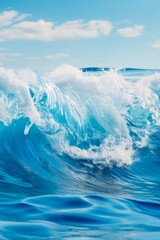 Mesmerizing azure wave, cresting majestically on clear blue sky background with white clouds. Beautiful realistic background of sea or ocean. Vertical format