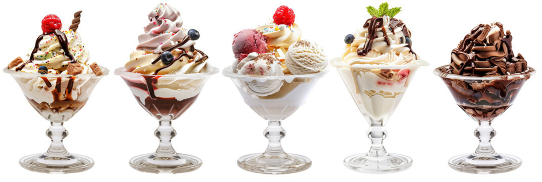 set of ice cream sundaes, isolated on transparent background