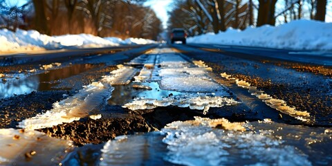 Sunny spring day driving on icy road with potholes poses challenges. Concept Driving on Icy Roads, Pothole Hazards, Spring Weather Conditions, Safe Driving Tips, Road Trip Dangers
