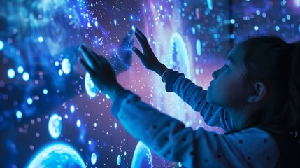 A seamless blend of technology and education as a group of students use interactive touch screens to explore the planets in the digital planetarium.