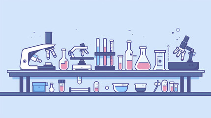 Obraz premium Physics lab tools on table, flat vector style, blue tones, clear and professional design