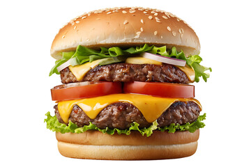 A cheeseburger with two beef patties, melted cheese, lettuce, tomato, onion, and pickles on a sesame seed bun. Perfect for restaurant menus, food blogs, or advertisements