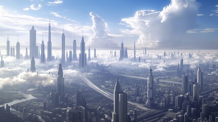 An artificial intelligence-generated skyline, where gravity-defying structures soar above a digital...