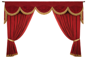 Red velvet stage curtains with a gold trim and a decorative valance, perfect for theater, event, or presentation backdrops