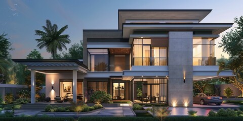 Fototapeta premium Luxury Modern Villa with Palm Trees and Pool