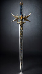 An ornate fantasy sword with intricate gold details, blue accents, and a jeweled hilt with winged motifs isolated on gray background