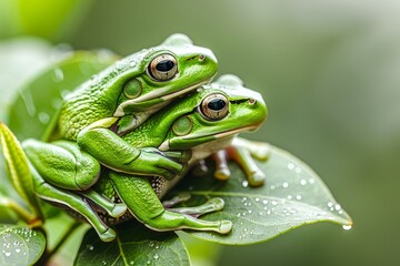 Fototapeta premium Two green frogs perched on a leaf, showcasing their vibrant colors and natural habitat, with water droplets adding to the lush scene.