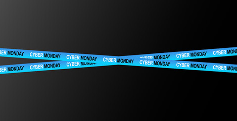 Template of empty black banner with crossed barricade tapes frame for Cyber Monday big sale, special offer. Wallpaper with discount stripes and blank space for text. Marketing, retail, online shopping