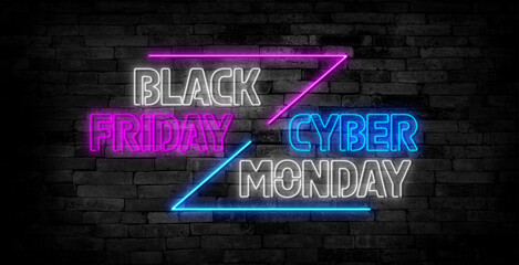 Neon Black Friday and Cyber Monday signboard. Sale banner with glowing neon text. Concept template...