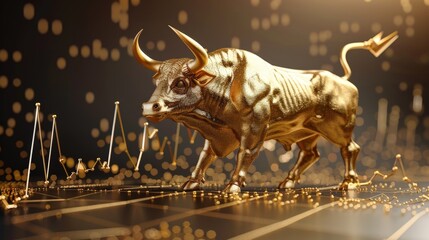 Golden bull standing on a glowing circuit board