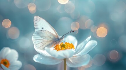 white anemone flower with yellow stamens and butterfly