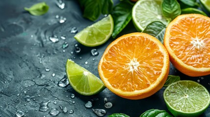 Fresh orange and lime slices with leaves on dark slate background, highlighting vibrant color and juicy texture.