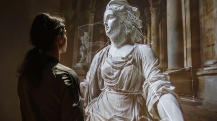 A sculpture of a famous historical figure is brought to life through augmented reality allowing viewers to see them in full motion and vivid color.