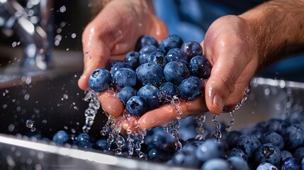 Close-up of hands washing fresh blueberries in a sink.
