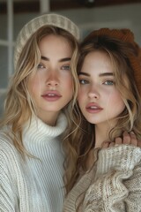 Fototapeta premium Two women wearing sweaters and hats posing for a photo.