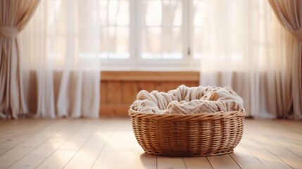 Wicker basket placed on the floor in the living room with shining light