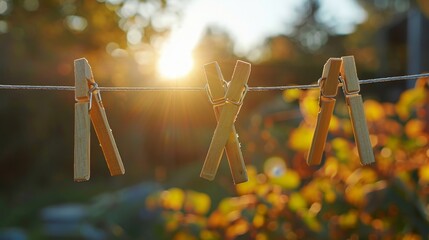 Clothesline with clothespins against the background of the setting sun and autumn foliage