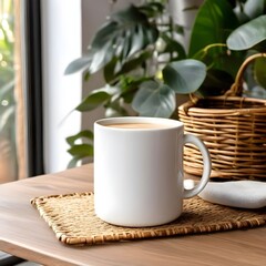 Coffee Mug in White and Wicker Decorations on Wooden Table in Cozy Home Interior - Mug Mockup with copyspace, Blank white Mockup mug,