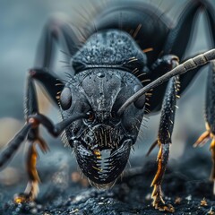 close-up view of a black ant, generative AI