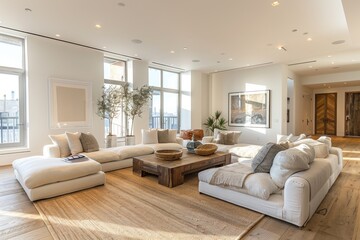 Living Room with Neutral Furniture and Simple Art Neutral furniture, simple art, and clean lines. Open, bright space.