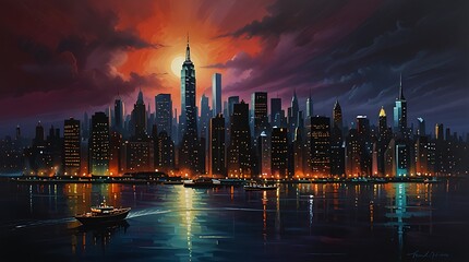 Obraz premium painting of a cityscape at sunset in blue and orange hues.