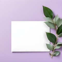 Top-View of Ivory Envelope and Blank Card on Light Purple Background with Green Plant Leaves
