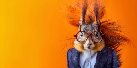 Anthropomorphic squirrel in glasses and suit on vibrant orange background. Concept quirky, anthropomorphic, squirrel, glasses, suit, vibrant, orange background