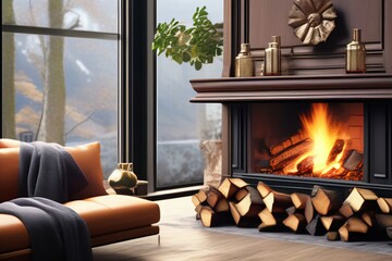 A cat family in front of a warm indoor wood burning stove