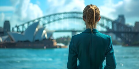 Professional Woman in Suit Posing by Sydney Harbor Bridge with Opera House in Background. Concept...