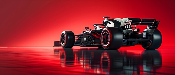 Sleek black Formula 1 car on a red gradient background, dramatic lighting, high contrast, and reflective surface, high resolution, Realism, Photography 8K , high-resolution, ultra HD,up32K HD