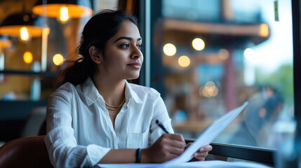 young Indian woman in white shirt writing on paper with pen, sitting at the table near window of modern cafe with blurred background and bokeh lights, large windows