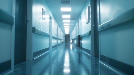 Fototapeta premium A long, empty hospital hallway with bright overhead lighting, white walls, and a clean, reflective floor creating a sterile environment.