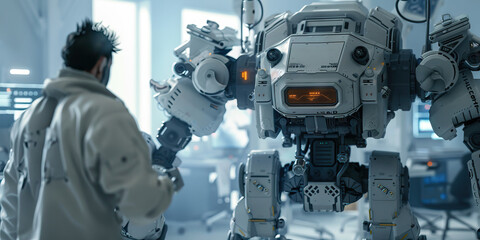 Fototapeta premium A robotics engineer designs and builds cutting edge cyborg robot for machine and factory use.