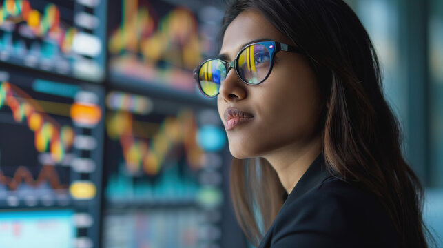 Asian businesswoman wearing glasses, looking at multiple stock market charts on digital screens in the background.